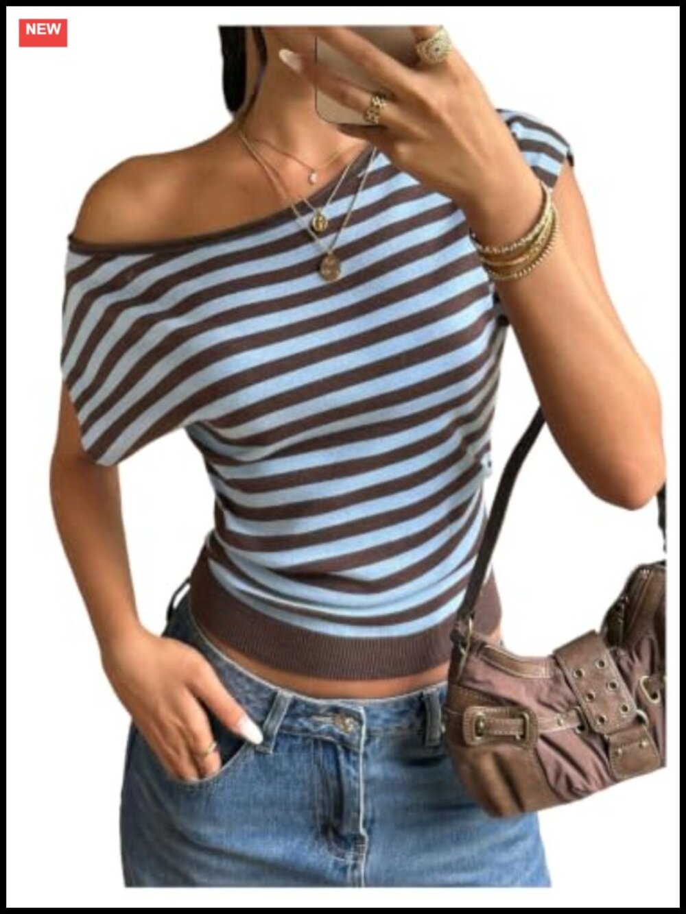 Women's Y2k Striped One Shoulder Knit Top Cinched Waist - Short Sleeve